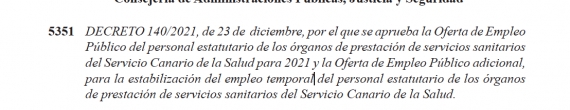 Oferta de Empleo Público del personal estatutario para 2021, y Oferta de Empleo Público adicional, para la estabilización del empleo temporal